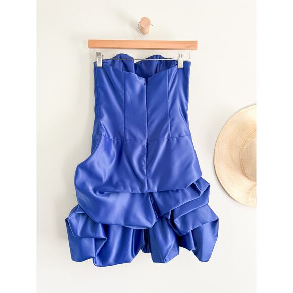 Cache | Y2K Satin Blue Strapless Bubble Hem Mini Prom Cocktail Vintage Dress | 4 - Picture 6 of 8